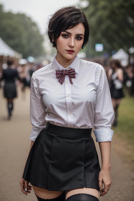 photo of <lora:ellahunt-09:0.6>, ellahunt, ella hunt, a woman, ((short hair)), ((bowtie, shirt, skirt, thighhighs):1.1), ((cowboy shot, waist, hips, thighs):1.2), ((walking, outdoors, festival , carnival)),((red lipstick,eyeliner, eye shadow, blush)), ((best quality, masterpiece, extreme details, high resolution):1.2),((detailed eyes, beautiful eyes, detailed face, beautiful face):1.2)