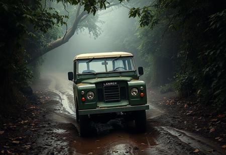 a vintage Land Rover Series I driving on a narrow muddy jungle trail, thick rainforest canopy above, cinematic lighting, early morning mist, wet tire tracks, scattered leaves, 1960s expedition style, dust particles, film look, realistic textures, soft bloom, adventure photography
--ar 16:9 --v 5 --q 2
<lora:classic_cars_vintage_adventure:0.8> <lora:cinematic_moody_lighting:0.7>