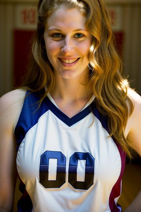 ChloeB wearing a basketball jersey,smiling face,<lora:ChloeBV3D:1>,rim light,bokeh,wavy hair,focus on face,