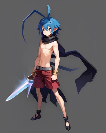 <lyco:Disgaea-NAI-LyCORIS:1>
1boy, male focus, weapon, sword, blue hair, solo, red eyes, scarf, shorts, pointy ears, topless male, antenna hair, black background, jewelry, belt, red shorts, bracelet, full body, holding sword, holding weapon, simple background, holding