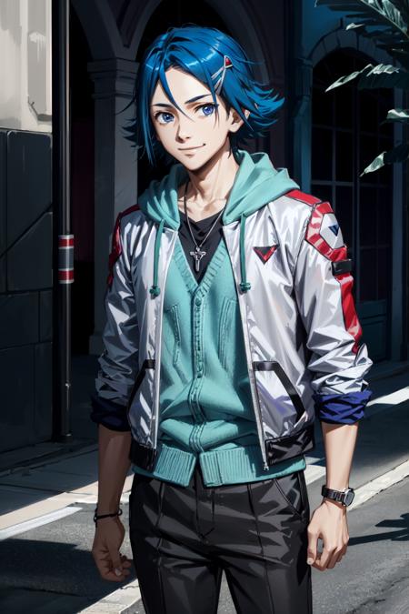 hayate immelmann\(macross delta\), solo, 1boy, looking at viewer, male focus, portrait, blue eyes, blue hair, short hair, hair behind ear, smile, white jacket, purple pendant, black pants, hood, hoodie, misanga, <lora:Hayate_Immelmann_No_commercial_use_is_allowed_LoRA:0.6>