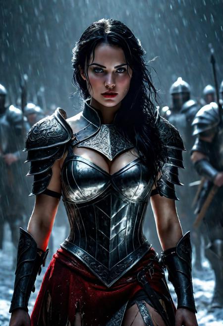 Ultra detailed digital art masterpiece Warrior Snow White girl dressed in a iron Armor and red mini skirt, Standing on a battlefield at the head of an army of knights, where a bloody slaughter is taking place, standing in battle pose, a dark epic fantasy, perfect lighting, beautiful Warrior Snow White girl, attractive woman, elegant, beautiful woman of athletic body,  epic shot of the whole Warrior Snow White girl, unreal engine 5 nanite quality, dark fantasy, dark environment, very stormy day, LOTR style, dark washed out eyeliner, no make up, natural bloody pale face, realistic blue eyes, ultra detailed atmospheric details, beautiful glowing effects, sparkle effects, realistic body proportions, beautiful face proportions, complex masterpiece, wavy raven black hair, creative glowing detailed tattoos, complex physics, enhanced colors, complimentary colors, ultra detailed raytracing reflections, Ultra detailed complex background, environment feels alive, direct eye contact, dramatic lighting, wet and sweaty skin, beautiful firm Breasts, Daylight, Concept art by Greg Rutkowski, adding to the intense and dynamic atmosphere of the scene.