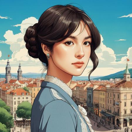 Studio ghibli style illustration of the face of a woman looking at the viewer with a victorian city square in the background,  olxrdrigo, <lora:olrodrigo_juggerX_xl_3_st_wocap_merger_31v1_8v3_77v3_03_04_03-olxrdrigo:1>