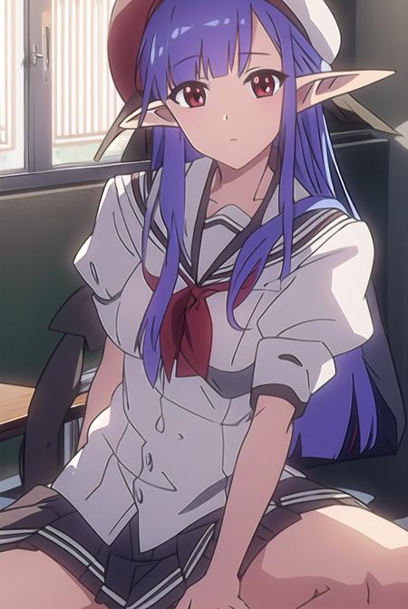 shufflenerine, <lyco:nerine-LYCORIStest:1>,
nerine, long hair, blue hair, pointy ears, (red eyes:1.5),
BREAK skirt, hat, school uniform, short sleeves, socks, puffy sleeves, puffy short sleeves, beret,
BREAK looking at viewer,
BREAK indoors, classroom, 
BREAK <lora:GoodHands-vanilla:1>, (masterpiece:1.2), best quality, high resolution, unity 8k wallpaper, (illustration:0.8), (beautiful detailed eyes:1.6), extremely detailed face, perfect lighting, extremely detailed CG, (perfect hands, perfect anatomy),