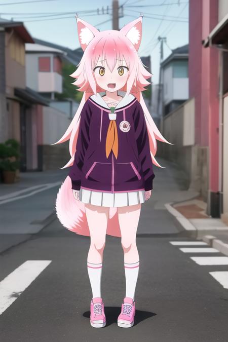 1girl, serafuku, street background, little girl, animal ears, wolf ears, wolf tail, full body, murenase, pink hair, orange eyes