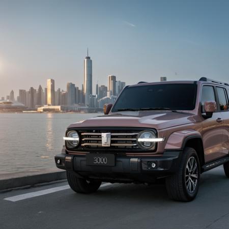 car Photography, a gwm txxx parked on a road near a body of water with a city skyline in the background. ultra detail, hd, 8k, (photographic:1.5), magnificent, grandiose, mac os wallpaper <lora:GWMTank300_V2.0:1>