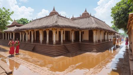 street of agragaram houses with mud roof, front veranda and wider road with people and tamil reference temple behind the scene , hyper realistic