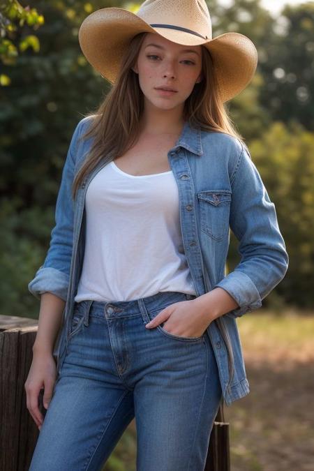 DEN_olga_kobzar,
country beauty posing against a wooden fence with a plaid shirt and jeans and a cowboy hat, cow girl, country girl, cow girl,
bokeh, f1.4, 40mm, photorealistic, raw, 8k, textured skin, skin pores, intricate details  <lora:epi_noiseoffset2:1>, epiCRealism, <lora:ClothingAdjuster3:-1.0>