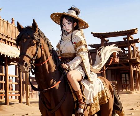 1girl dress like movie  New Dragon Gate Inn, desert, sand, bamboo_hat, furry_cape,furry_cloak,  furry_coat,  horseback_riding, horse,  outdoors,  riding, masterpiece, best quality, 8k, 
<lora:bamboohat_v2:0.66>