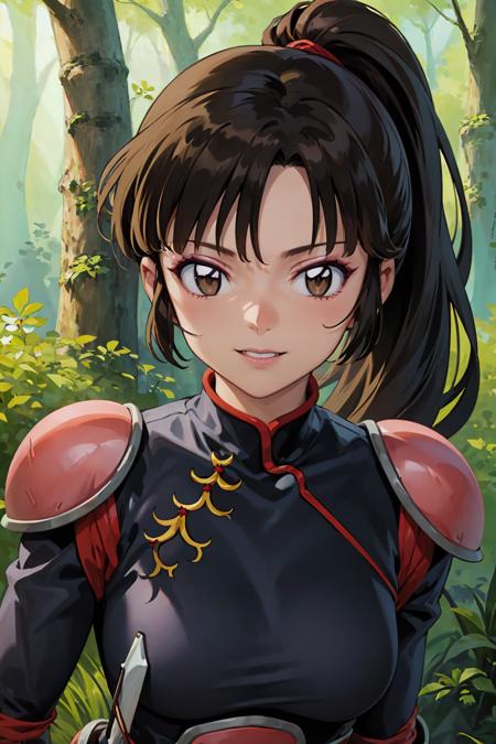 best quality, masterpiece, portrait,sango, KizukiAi, brown hair, brown eyes, high ponytail, long hair, medium breasts,  bodysuit, pauldrons, armor, (looking at viewer:1.3), outdoors, forest, smile
<lora:Kizuki - Inuyasha - Sango:0.9>