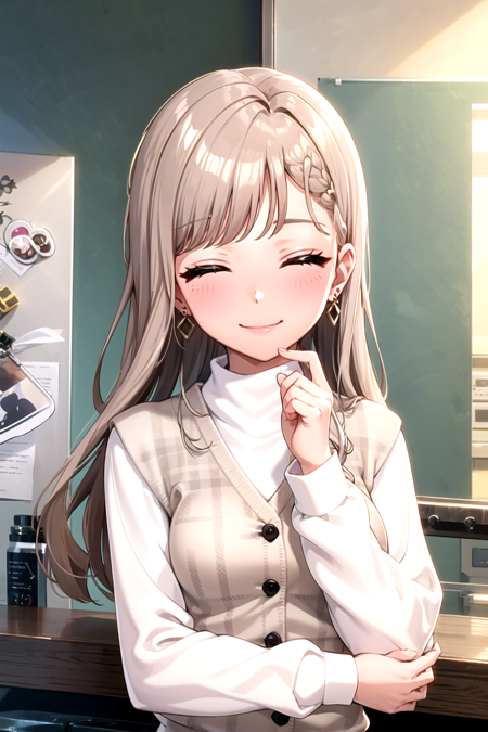 <lora:HayateD4DJ-08:0.7> ,tendohyt, 1girl, solo, long hair, smile, brown hair, shirt, long sleeves, jewelry, closed mouth, closed eyes, white shirt, upper body, earrings, indoors, vest, sweater, plaid, ^_^, turtleneck, light brown hair, facing viewer, white sweater, photo background