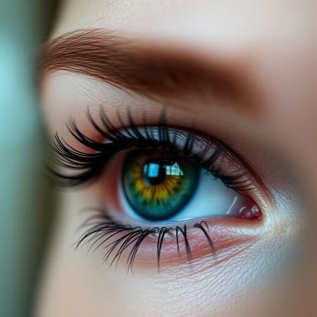 Ultra closeup of a young womans eye, green eye, view from side, mascara, winged eyeliner, mesmerizing, eyelash extension, shallow depth of field, f/1.4, focus blur, beautiful, bokeh, reflections, ultra realistic