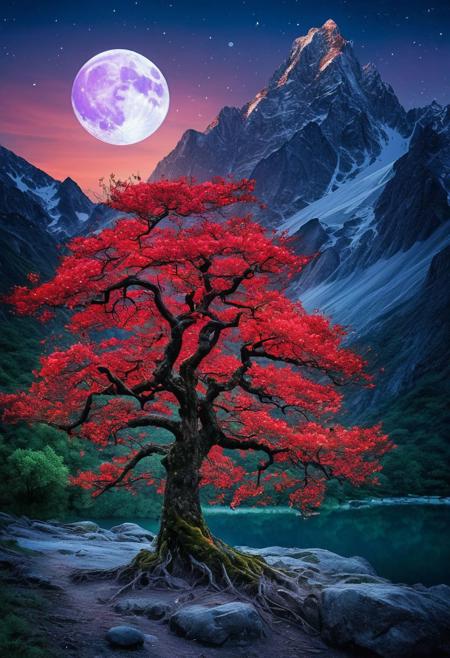 45 megapixel, he ethereal beauty of a mystical landscape under the red moonlight. The scene should be illuminated by a large, radiant moon, casting its glow upon a twisted, yet majestic tree with blossoms that seem to sparkle in the night. The trees roots should be deeply embedded into rocky terrain, symbolizing its ancient existence. In the background, towering mountains loom, their peaks veiled in mist. A serene lake at the foot of the mountains reflects the moons luminescence. Incorporate elements that evoke a sense of magic and mystery. <lora:bonex:1>