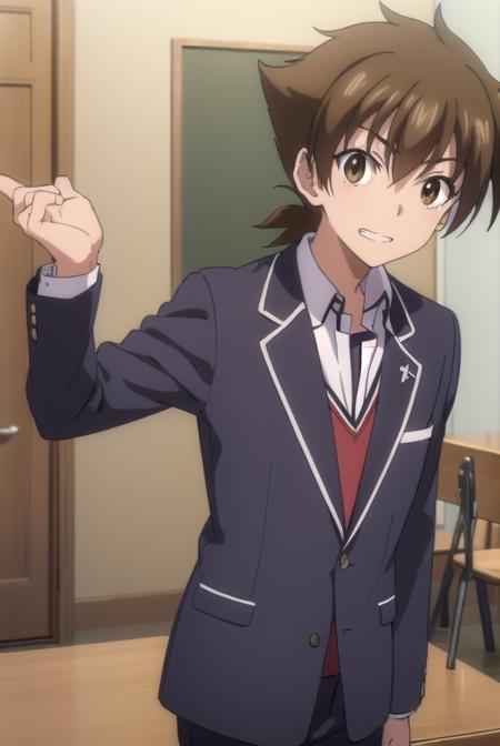 isseihyoudou, <lora:issei hyoudou anime s1-lora-nochekaiser:1>,
issei hyoudou, brown hair, (brown eyes:1.5), male focus, smile, grin,
BREAK long sleeves, school uniform, jacket, necktie, pants, black jacket, red necktie,
BREAK indoors, classroom,
BREAK looking at viewer, (cowboy shot:1.5),
BREAK <lyco:GoodHands-beta2:1>, (masterpiece:1.2), best quality, high resolution, unity 8k wallpaper, (illustration:0.8), (beautiful detailed eyes:1.6), extremely detailed face, perfect lighting, extremely detailed CG, (perfect hands, perfect anatomy),