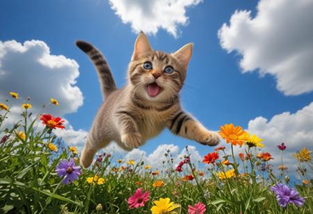 Highly detailed photograph of a tabby kitten leaping through the air above a field of colorful flowers. Side view. Floppy ears, floppy tongue, big eyes, very cute, very happy, joyful. Blue sky with fluffy clouds. Bright sun, (god rays).