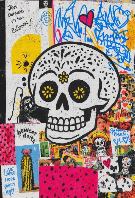 in the style of jon-contino
A pop art style mixed media collage artwork. Deconstructed, provocative, surreal, intense and chaotic composition. Street art textures, overlapping layers and vibrant retro colours. ((No text))
A punk stencil photocopy print of a magazine image of a sugar skull with flowers. Print errors, halftone dots. grungy print registration errors.
Overlaying this are multiple layers of Mexican imagery, hand-drawn shapes and patterns, bold paint splashes, and chaotic vintage magazine picture cutouts and clippings. Partially covering this, these break up the outline. Next are layered sections of repetitive brightly coloured dots are spraypainted in Yayoi Kusama style - smears and spray. 
Torn vintage holiday postcards of luchadors, cactus and sugar skulls are glued to the layers. These partially hide sections of the images below. On the top layer are rough hand-drawn shapes, abstract patterns and love hearts scrawled heavy-handedly in blue biro.
