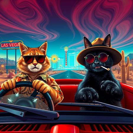 (((PERSPECTIVE FROM THE SIDE OF THE CAR))) of Two cats in a red convertible speeding down a desert highway toward a neon-lit Las Vegas skyline. The scene mirrors the iconic ‘Fear and Loathing in Las Vegas’ shot, but with feline travelers. (((The driver, a scruffy tabby in oversized aviator sunglasses and a Hawaiian shirt, grips the wheel with a wild expression. The passenger, a sleek black cat in a bucket hat and round tinted glasses, leans back with a smug grin, a cigarette dangling from its mouth and paws gesturing as he talks))).  Windshield visible with glowing luminescent bugs on it, ((perspective looking from the driver side)), exaugurated eyes and smile, smoking a joint, 
The environment is infused with psychedelic energy—distorted road signs melt into the horizon, the sky swirls with surreal colors, and cacti appear to sway and stretch. The desert landscape warps in a heatwave haze, while neon reflections shimmer in the car’s chrome details. The perspective is exaggerated and chaotic, capturing the frenetic, trippy atmosphere of the original scene in a humorous and feline twist.