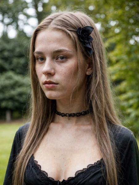 photo of a 20 year old Scandinavian named Eva, summer, wearing a gothic outfit, no makeup, natural, submissive expression, hard shadows, soft lighting, sharp focus, skin details
