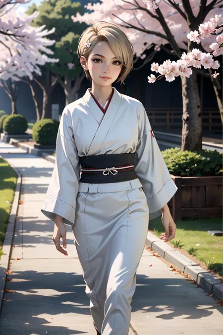 ((ultra detailed, masterpiece, best quality))
 <lora:MEACora:0.8>
MEACora, 1girl, solo, short hair, blonde hair, brown eyes, walking in a serene Japanese park with cherry blossoms, yukata, and a hair ornament