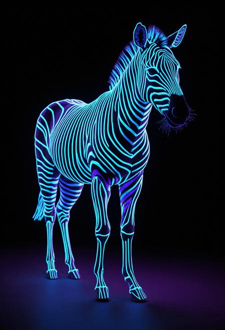 wireframe of a neon zebra is walking across a black background with blue and purple lights on it's face and tail, artist, neon lighting, a hologram, holography