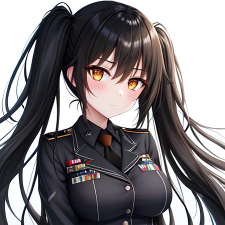 orange eyes, black hair,(large breasts:0.9),very long hair, twintails , 1girl, highres, absurdres, incredibly absurdres, detailed eyes, (drawn by shatter_style:0.7) , white background