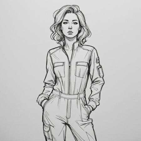 pixlineart, sketch, drawing, woman wearing mechanics jumpsuit