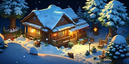 <lora:cabin in the woods:0.75>,tree,flower,stairs,( snow scene:1.4),scenery,no humans,grass,house,nature,door,outdoors,night,plant,forest,lantern,chair,house scene,2d game scene,