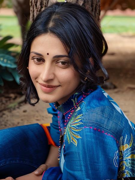 hires close up photo of a (shru woman) outdoors, looking looking at camera, smiling, colorful high neck (kurta_with_Jeans:1.2), bobbed black hair, ultra-detailed, photorealistic, intricate details, perfect face, full sharp, detailed face <lora:shru_Shruti_Haasan_SD15_LoRA_Adafactor-000004:1>