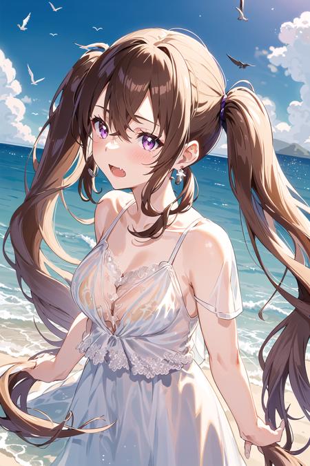 1girl, clamperl, shell necklace,shell,shell earrings, purple eyes, blush, long hair, twintails,brown hair, see-through,  swimsuit under clothes, wedding dress,   dress,  hair between eyes,  open mouth, low twintails, very long hair,  breasts,blonde hair, {{{ocean}}}, solo focus, bangs, hair between eyes,black bow, open mouth, low twintails,fang, bowtie, cheek pinching, lace, cross-laced clothes ,  rainbow, seagulls,  cloudy sky,  sea spray, dolphin,  island,  glitter,  eye glitter,  upper body,