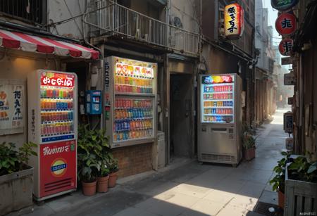 ruanyi0727,outdoors,alley,vending machine,lantern,storefront,utility pole