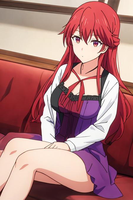 maria, 1girl, solo, long_hair, bangs, red_eyes, hair_between_eyes, medium_breasts, red_hair, thorne, sitting, (purple_dress:1.2)