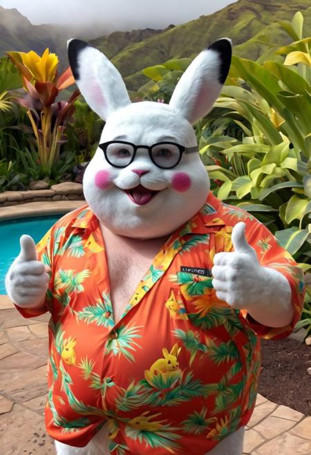 Hyperrealistic art breathtaking Helios, spy, Big Lewinsky film Style photography, Closeup, thumb-up, a fluffy obese white Cheshire Pikachu in vibrant colorful Hawaiian shirt wearing a hr ginger inspired bunny-mask, glasses, smokey Haze, cool, flamboyant, Pool and 70s Garden in background, thumb up pose,
very detailed, HD, RAW photograph, masterpiece, top quality, the best quality, official art, highest detailed, atmospheric lighting, cinematic composition, high quality, (8k, RAW photo, highest quality),
. Award-winning, professional, highly detailed. Extremely high-resolution details, photographic, realism pushed to extreme, fine texture, incredibly lifelike