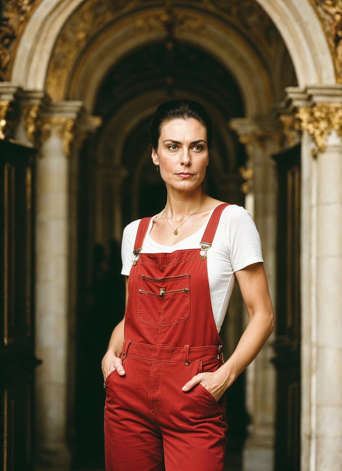 A stunning intricate full color portrait of (sks woman:1) in Vienna, at the Schoenbrunn Palace, wearing Overalls, epic cha...