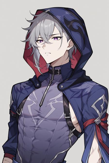 moze, grey hair, purple eyes, red pupils, hood