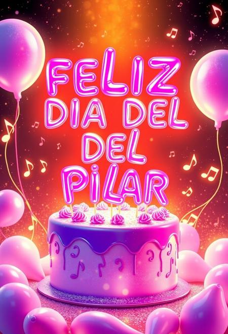 make a vibrant, digital illustration of the word 'FELIZ DIA DEL PILAR ' above a beautifully decorated cake, surrounded by glowing, three-dimensional  balloon shapes. The letters are rendered in a glossy, neon pink and lavender gradient, with a soft, reflective sheen that makes them appear like inflated balloons. , surrounded by notes and harmonies, soft radiance emanating, serene and uplifting ambiance, flowing garments with musical symbols, glitter, warm golden light illuminating a celestial background, ultra-detailed, atmospheric, conveying a sense of peace and inspiration, harmonizing with a dreamy landscape.