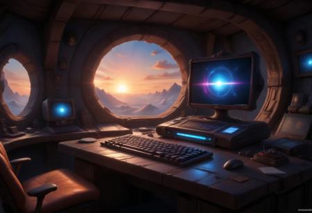 (Isekai anime style,manga,animw,best quality,,up_8,up_9,8k,master_class,masterpiece,real good,totally awesome.vibrant colors,perfect beautiful early morning light)l. The space ship's computer (with keyboard).