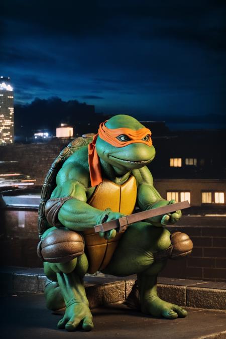 <lora:TMNTMichelangelo-10:0.8>(RAW photo, real life, absurdres, high quality, photorealistic, detailed, realistic:1.3), (solo:1.3), a high resolution photo of a TMNTMichelangelo, a teenage mutant ninja turtle with an orange bandana mask with eye-holes, on a city rooftop at night, city buildings and dark night sky in background, cinematic, atmospheric, 8k, realistic lighting, shot by Hassleblad H6D, Zeiss, Kodachrome, nikon, 50mm 1.2 lens, Octane Render, ultra realistic, realistic lighting, photorealistic, photorealism, photoreal, unreal engine 5, Adobe After FX, highly detailed, intricate detail