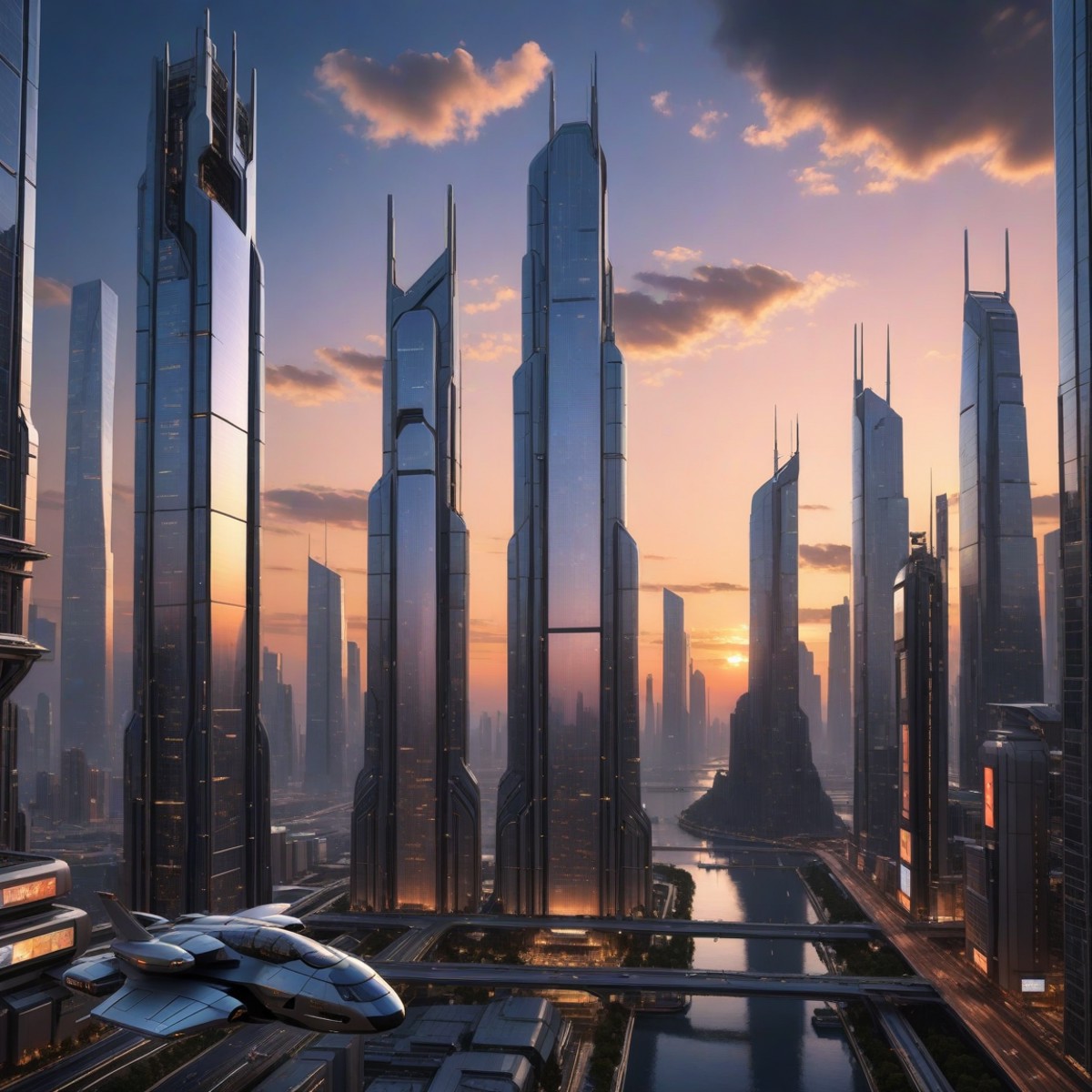 A futuristic cityscape at dusk, depicted in photorealistic detail, showcases towering glass and steel skyscrapers. The air...