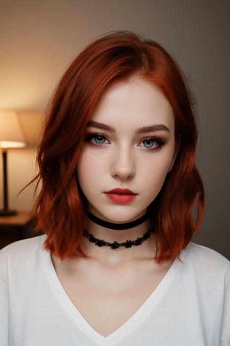 raw photo,  (25yo redhead girl:1.2), makeup, graphic eyeliner, rouge, (choker:0.9), realistic skin texture, oversize shirt, (red:0.8), softcore, warm lighting, cosy atmosphere, instagram style