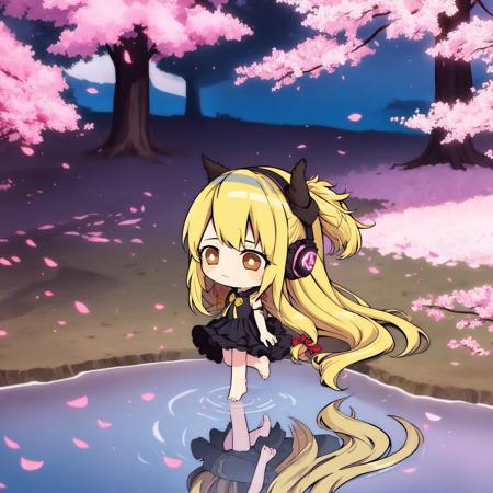 chibi,
1girl, solo, long hair, barefoot, water, flower, dress, blonde hair, very long hair, branch, black dress, pearl (gemstone), lying, ribbon, robot ears, reflection, tree, cherry blossoms, headphones, brown eyes