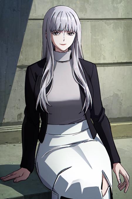 (best quality) , (highly detailed) ,masterpiece ,absurdres ,detailed face ,beautiful face ,(detailed eyes, deep eyes, anime eyes) ,1girl , solo,
Pretending to be a superhero in flight,
003, grey eyes, grey hair, white hair, long hair, jacket, sweater, black jacket, turtleneck, very long sweater dress, long sweater, (white slit long skirt:1.2),  turtleneck sweater, (white knee boots:1.3), slight smile, <lora:003V1:0.8>