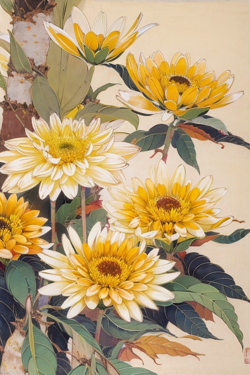 gongbihua, masterpiece,  a painting,  bee, yellow chrysanthemum,  green leafs <lora:gongbi:1>,