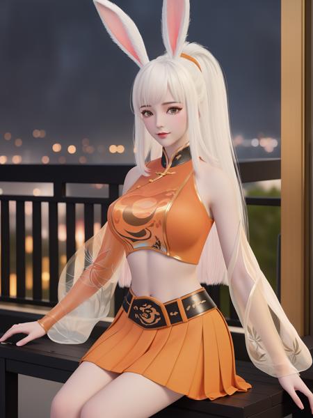 1girl,long white hair,mature female,looking at viewer,(cityscape:1.1),night,rabbit ears,orange crop top,skirt,single black glove,orange skirt,ponytail,asymmetrical see-through sleeves,belt,collar,chinese clothes,pleated skirt,cowboy shot,sitting,chair,makeup,blush,light smile,metal trim,navel, <lora:GSLguofeng_20230723155619-000015:0.75>,east asian architecture, lantern,