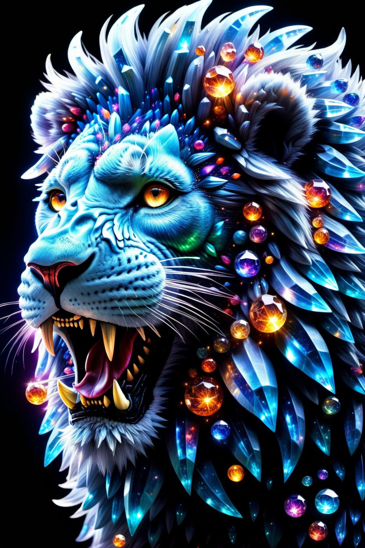Lion with blue eyes and a mane of crystals.