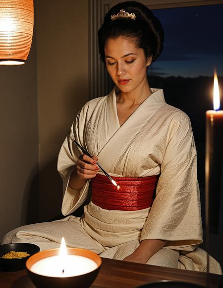 RAW analogue photo of a beautiful woman, brunette woman, Hannula, <lora:Hannula-000009:0.8>,, <lora:sdxl_muromachi86.safetensors:0.6>,  Candlelit backstage geisha preparing for an evening performance, makeup artist applying oshiroi, rich scarlet kimono laid out on futon, warm chiaroscuro highlights, intimate 35 mm lens shot.