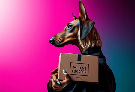 An anthropomorphic brown Dobermann dog with soft, long, natural ears and a blonde bobcut with long hair in the back, wearing a black trenchcoat, depicted in profile, side view. The dog is holding a cardboard box labeled ‘Parfum for Dogs’ in a surreal and avant-garde fashion illustration style. The scene features a turquoise silver grunge aesthetic against a gradient magenta and teal background. The setting includes vivid colors, filigree details, and photorealistic rendering. The lighting is moody chiaroscuro, enhanced by the visual distortion of fisheye cinema prime lenses (9mm) and noir film-style color correction