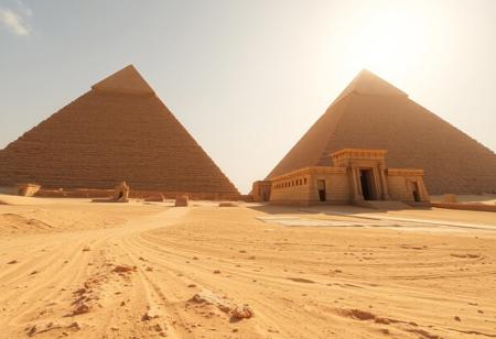 Low angle wide view of ancient Egypt in it's prime, desert, the pyramids are as described by contemporaries: white with limestone and capped with gold, reflecting the strong African sunlight to the point that they are hard to look at