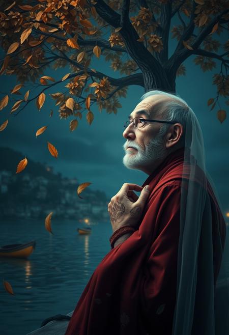 (photorealism:1.5)
1 oldman, full body, thoughtful expression, gazing at the majestic tree, falling leaves,  calm coastal village in the background, night time, pale colors, high contrast, hyper-realistic, serene atmosphere, pensive pose, detailed, high-definition, reflective mood, peaceful setting,
slight freckles, long eyelashes, thick eyebrows, torn pelvic sheer curtain, bridal gauntlets, torn red dress,