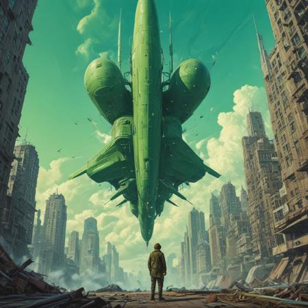 dream wave aesthetic, green square, missiles, smartphone photography, corrected faces, beautiful picture of stray, towering above a small person, fully symmetrical, toon aesthetic, aeroplane concept art, by John Harris and by Bruce Pennington, by Noah Bradley, by Maciej Kuciara + illustrative + visionary art + low angle + oil painting + Visionary art, DMT, psychedelic, The god particle, utopia  profile, artgerm,  featured in artstation, elegant, Moebius, Greg rutkowski