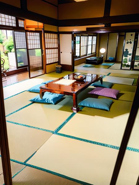 masterpiece, best quality, ultra-detailed, illustration,
washitsu, table, scenery, tatami, sliding doors, indoors, book, architecture, cushion, cup, window, realistic, 
 <lora:washitsu:1>